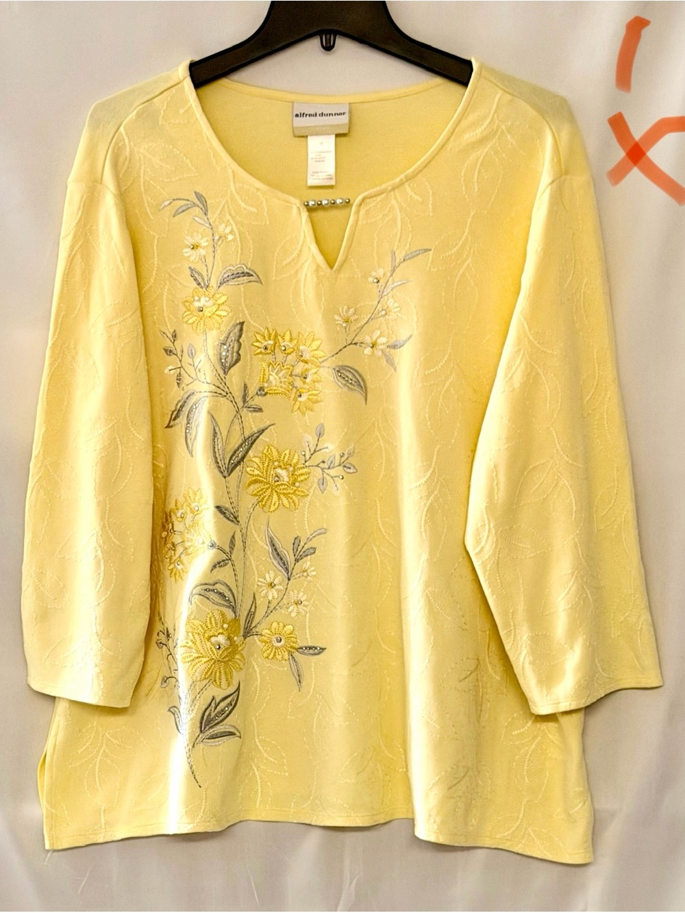Alfred Dunner Yellow Embroidered Floral V-Notch Tunic with Bead Detail